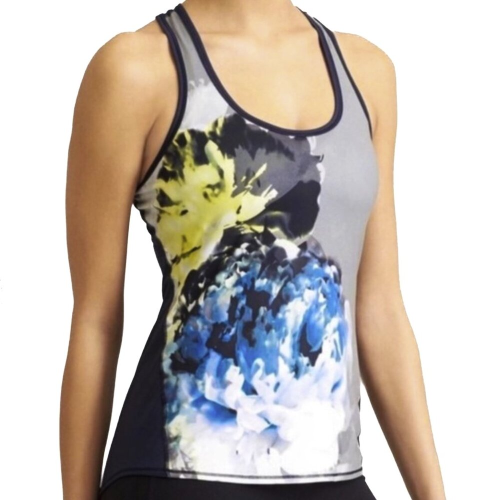 Athleta Floral Contemporary‎ Racerback Workout Tank Black Blue Yellow White Sz S